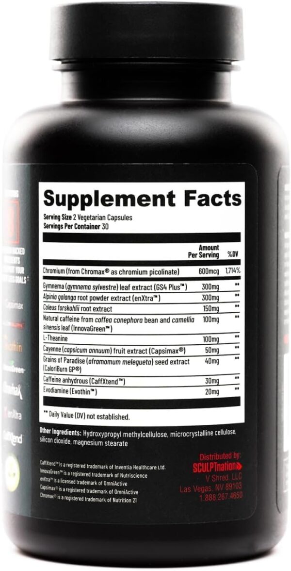 Sculpt Nation by V Shred - Daytime Metabolism Support with Chromium, Symnema Leaf Extract and Alpinia Galanga Root Powder Extract - 60 Natural Veggie Pills - 2 Pack - Image 3