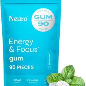 NeuroGum Energy & Focus Gum (90 Count Bag, Peppermint) | 40mg Natural Caffeine + L-Theanine + Vitamin B12 & B6 + Xylitol | Sugar Free Nootropic Cognitive Brain Performance Supplement