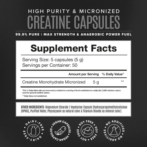 Micronized Creatine Monohydrate Capsules for Muscle Growth & Recovery, Pre & Post Workout, Vegan Creatine, Caffeine Free, Gluten Free, Sugar Free | 50 Servings | 250 Capsules - Image 14