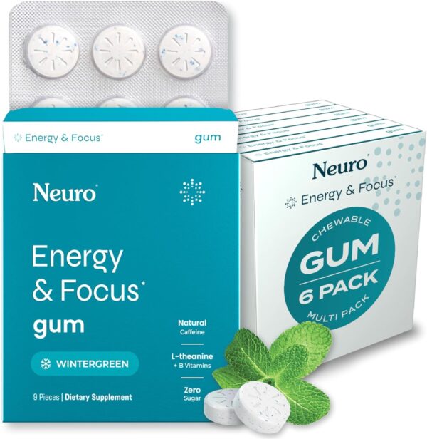 NeuroGum Energy & Focus Gum (54 Count-6 Pack, Peppermint) | 40mg Natural Caffeine + L-Theanine + Vitamin B12 & B6 + Xylitol | Sugar Free Nootropic Cognitive Brain Performance Supplement