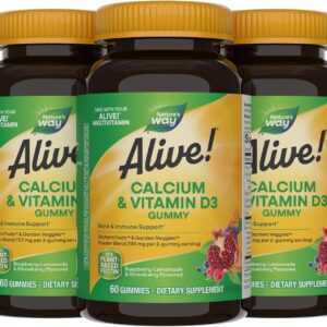 Nature's Way Alive! Daily Calcium & Vitamin D3 Gummies, Bone Support*, Immune Support*, Strawberry and Raspberry- Lemonade Flavored, 60 Gummies