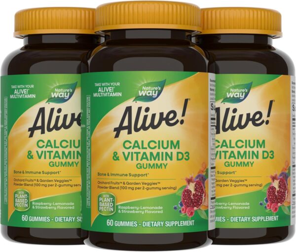Nature's Way Alive! Daily Calcium & Vitamin D3 Gummies, Bone Support*, Immune Support*, Strawberry and Raspberry- Lemonade Flavored, 60 Gummies