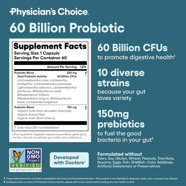 Physician's CHOICE Probiotics 60 Billion CFU - 10 Strains + Organic Prebiotics - Immune, Digestive & Gut Health - Supports Occasional Constipation, Diarrhea, Gas & Bloating - for Women & Men - 60ct - Image 13