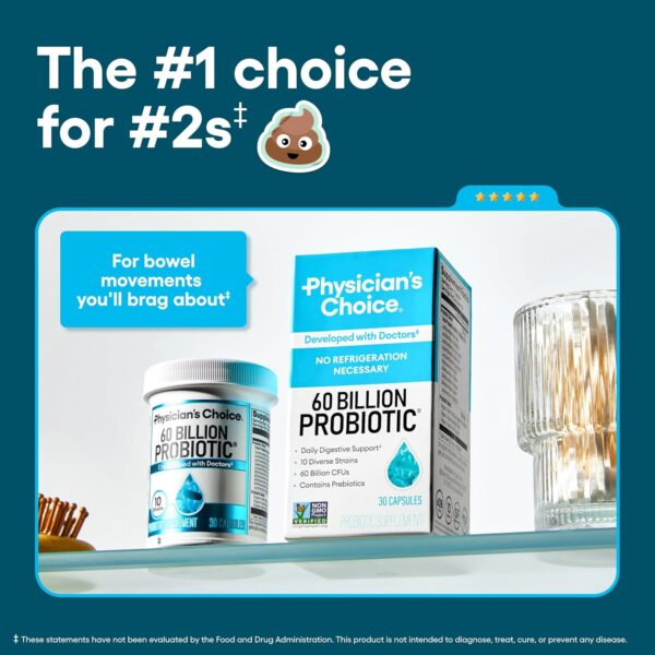 Physician's CHOICE Probiotics 60 Billion CFU - 10 Strains + Organic Prebiotics - Immune, Digestive & Gut Health - Supports Occasional Constipation, Diarrhea, Gas & Bloating - for Women & Men - 60ct - Image 8