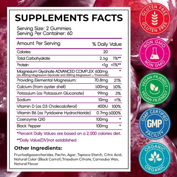Magnesium Glycinate Gummies for Adults, High Absorption Magnesium and Potassium Gummies with L-Threonate, Calcium, B6, D3, Sugar Free Chews, Relaxation, Stress Relief, Night Rest - Image 18